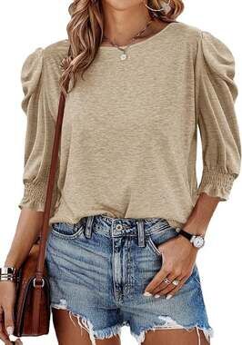 Tankaneo Women's Khaki Puff Sleeve Blouse 3/4 Sleeve Smocked Cuffs